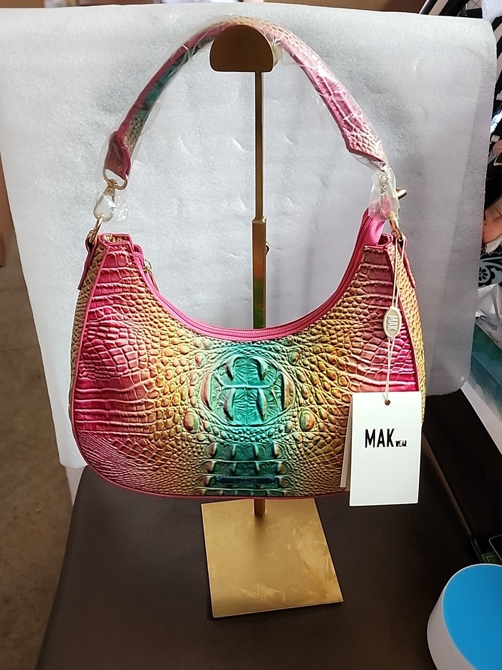 Mak Multi-Color Croc Embossed Vegan Leather Women's Shoulder Bag NWT